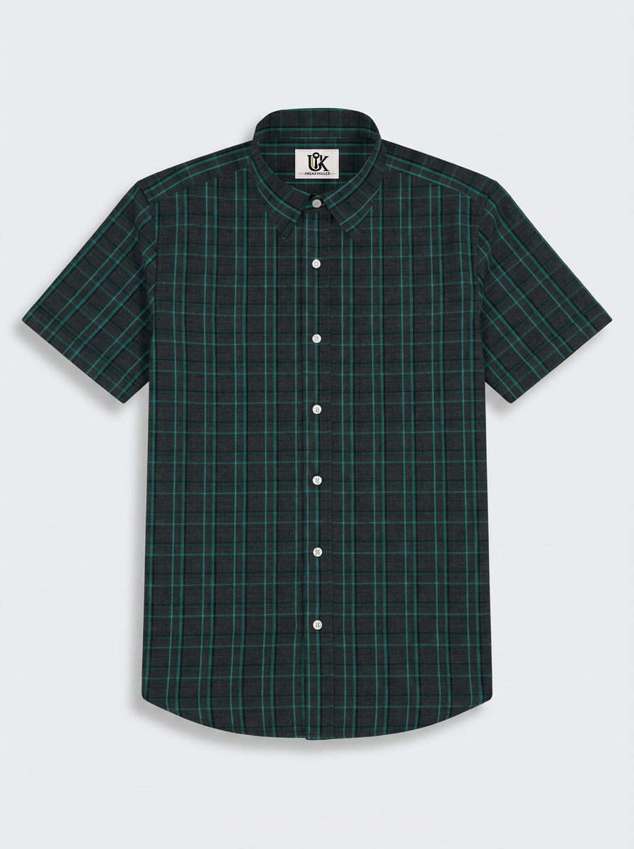 Men's Charcoal Grey & Emerald Green Checked Regular Fit Formal Shirt | Full & Half Sleeve
