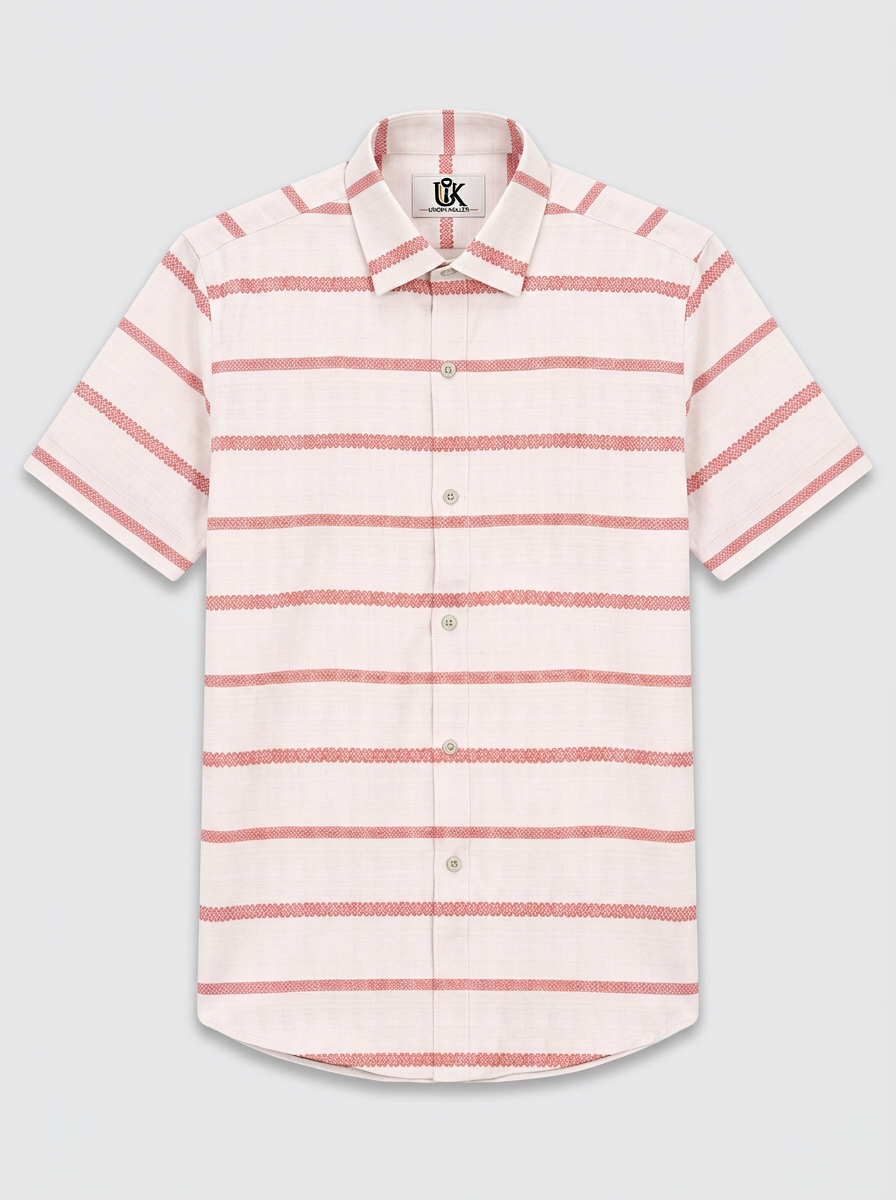 Men's Off White & Coral Red Windowpane Checked Regular Fit Formal Shirt | Full & Half Sleeve