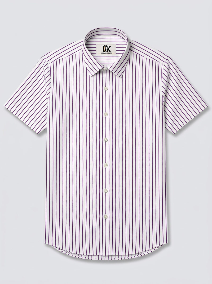 Men's White & Royal Purple Striped Regular Fit Formal Shirt | Full & Half Sleeve