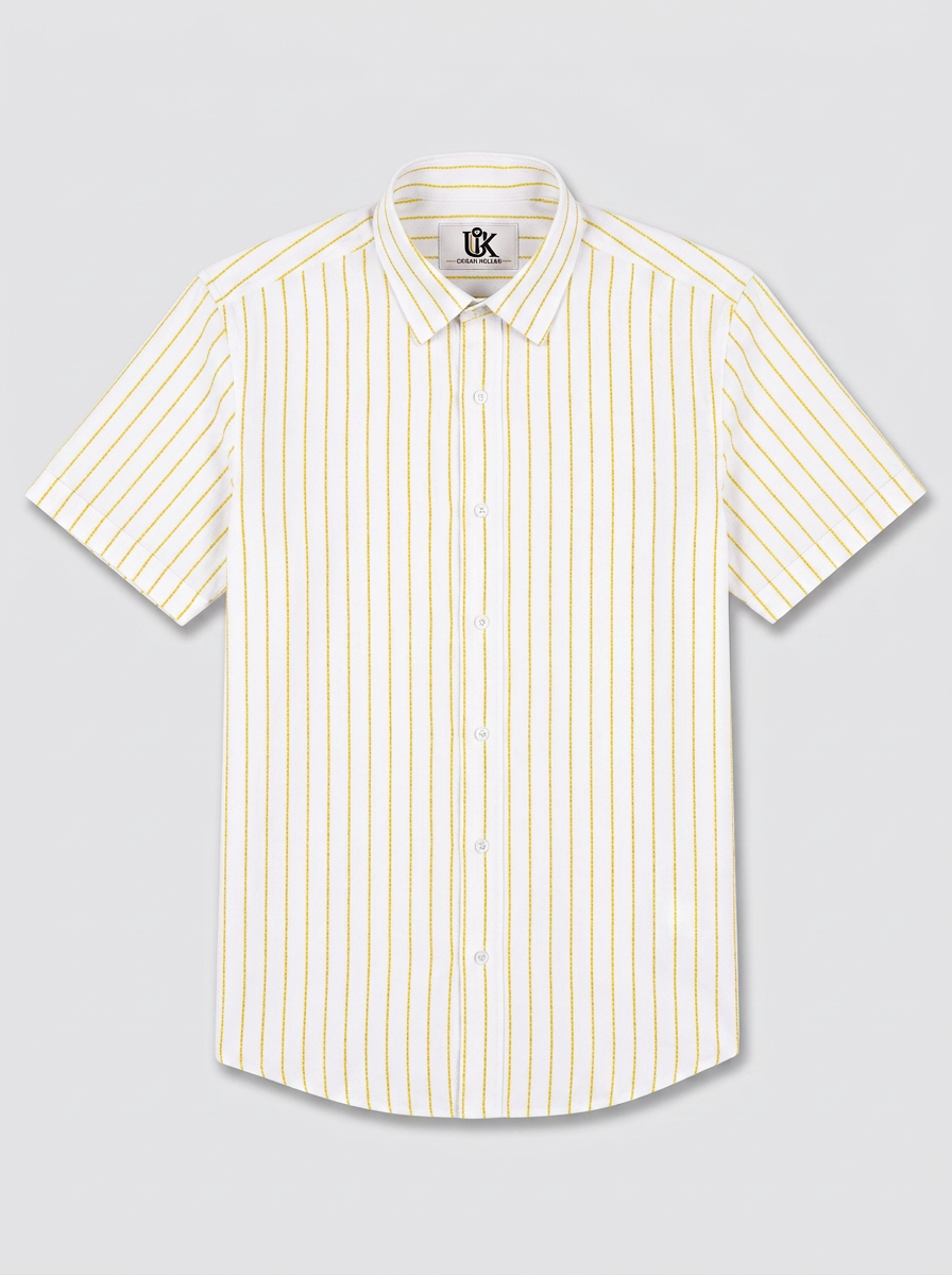 Men's White Yellow Pinstripe Regular Fit Formal Shirt | Full & Half Sleeve