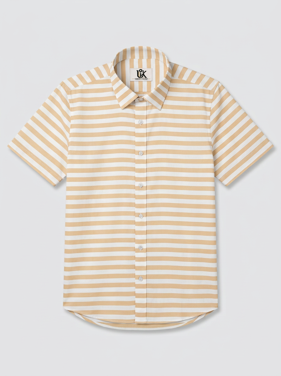 Men's White & Beige Horizontal Striped Regular Fit Formal Shirt | Full & Half Sleeve