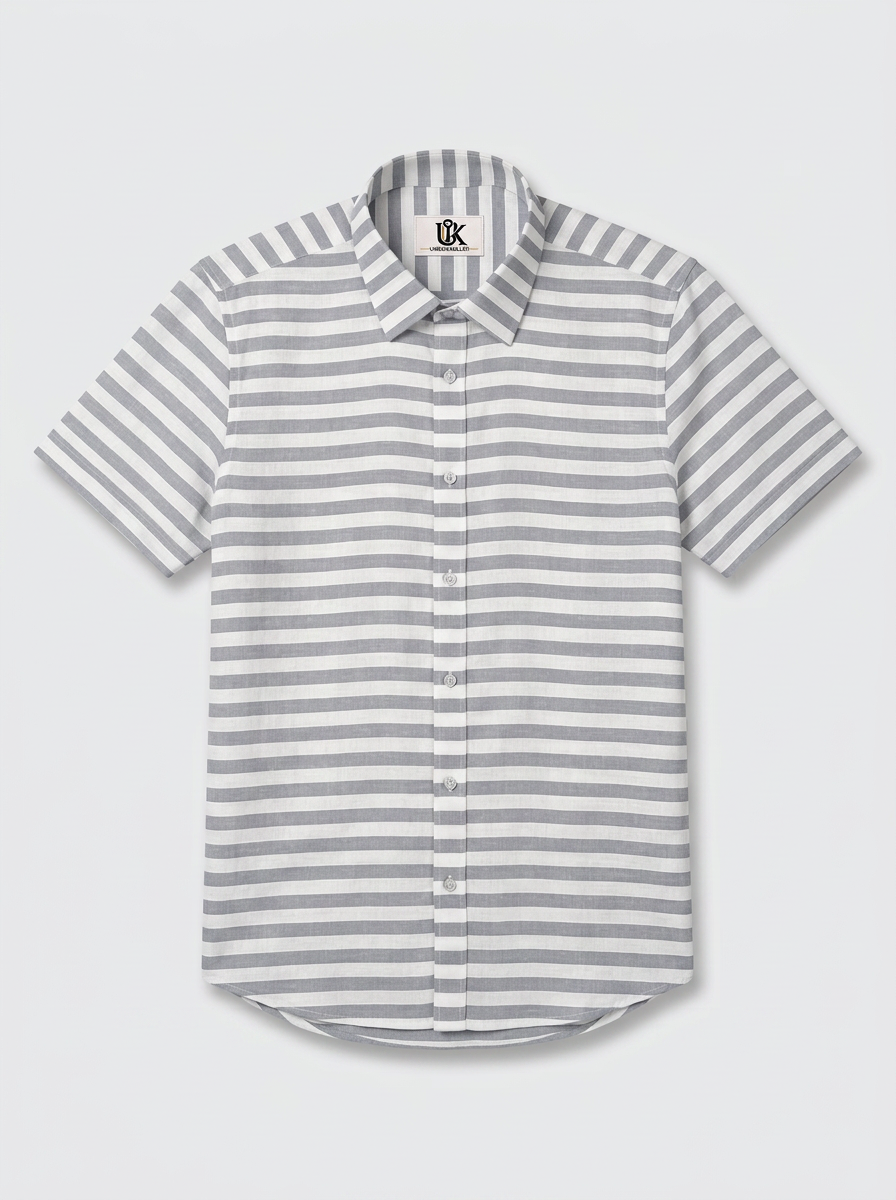 Men's White & Grey Horizontal Striped Regular Fit Formal Shirt | Full & Half Sleeve