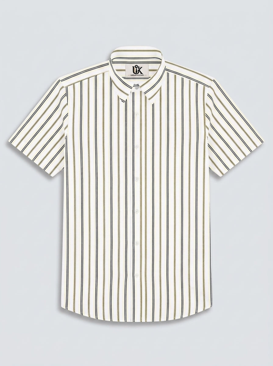 Men's White Gold & Black Stripe Regular Fit Formal Shirt | Full & Half Sleeve