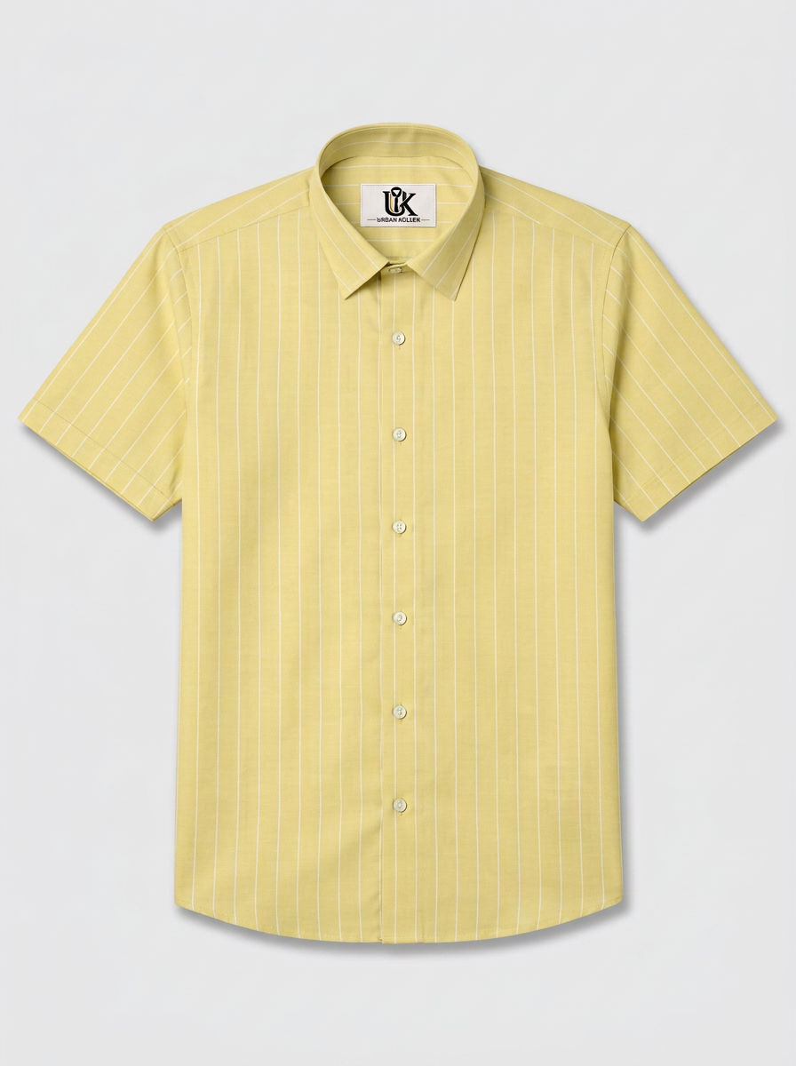 Men's Pastel Yellow White Pinstripe Shirt Regular Fit Premium Formal Casual Wear