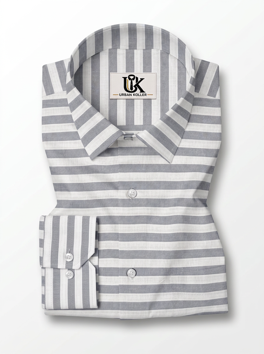 Men's White & Grey Horizontal Striped Regular Fit Formal Shirt | Full & Half Sleeve