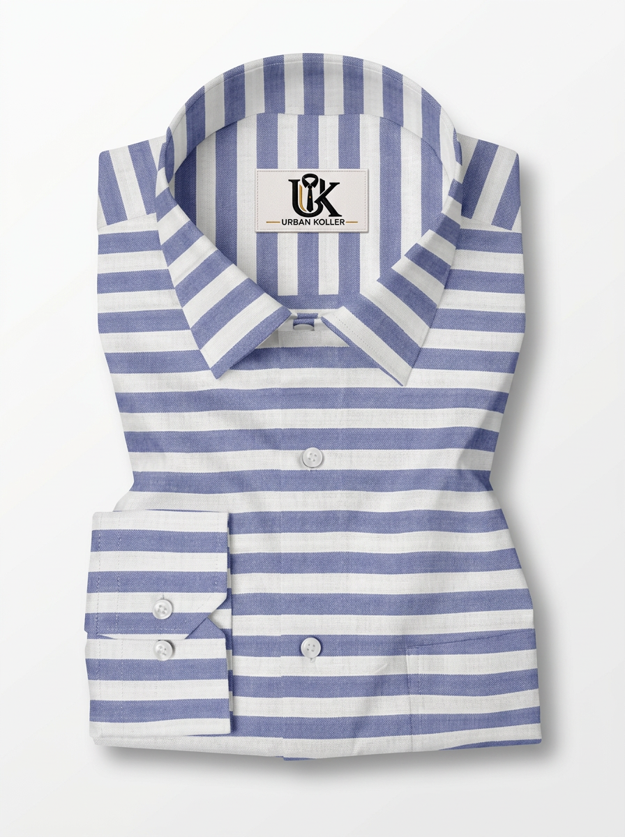 Men's Blue & White Horizontal Stripe Regular Fit Casual Shirt | Full & Half Sleeve