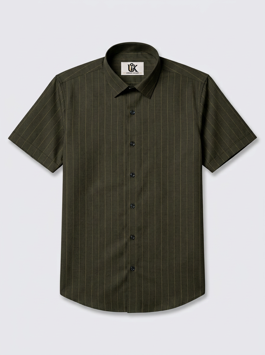 Men's Dark Olive Green Pinstripe Shirt Regular Fit Premium Formal Business Casual Wear