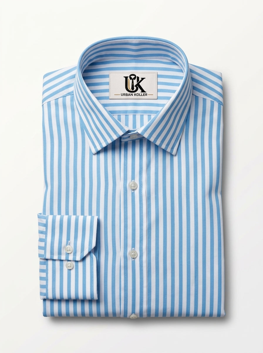 Men's Light Sky Blue & White Vertical Striped Regular Fit Formal Shirt | Full & Half Sleeve