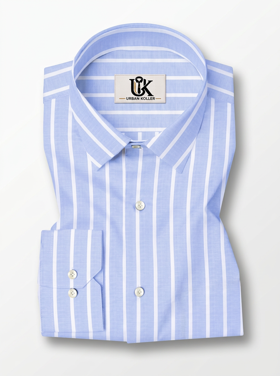 Men's Sky Blue & White Vertical Striped Regular Fit Formal Shirt | Full & Half Sleeve