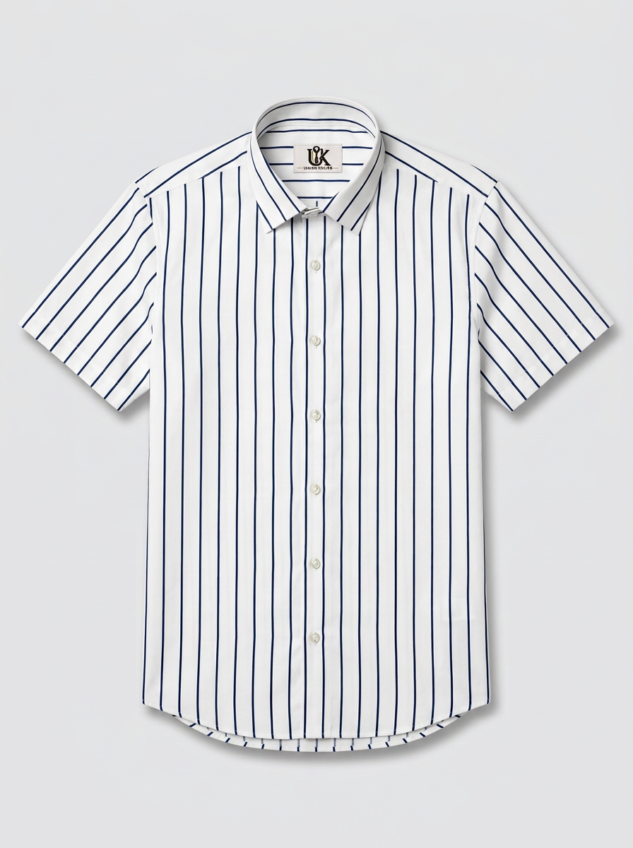 Men's White Navy Blue Stripe Shirt Regular Fit Premium Formal Casual Wear