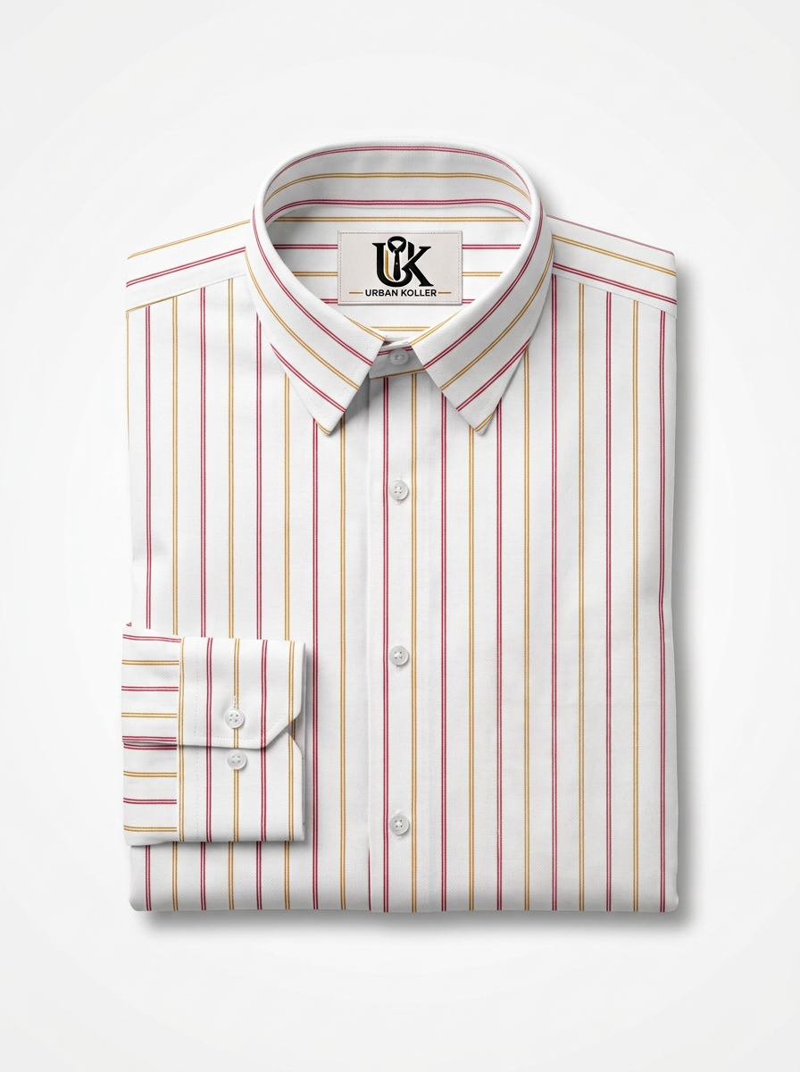 Men's White Red & Mustard Striped Regular Fit Formal Shirt | Full & Half Sleeve Main image