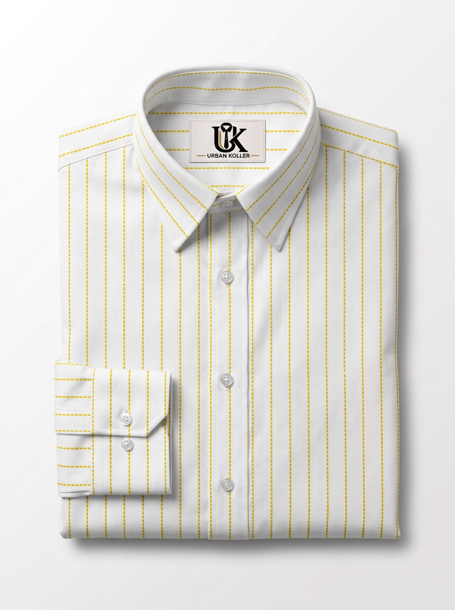 Men's White Yellow Pinstripe Regular Fit Formal Shirt | Full & Half Sleeve Main image