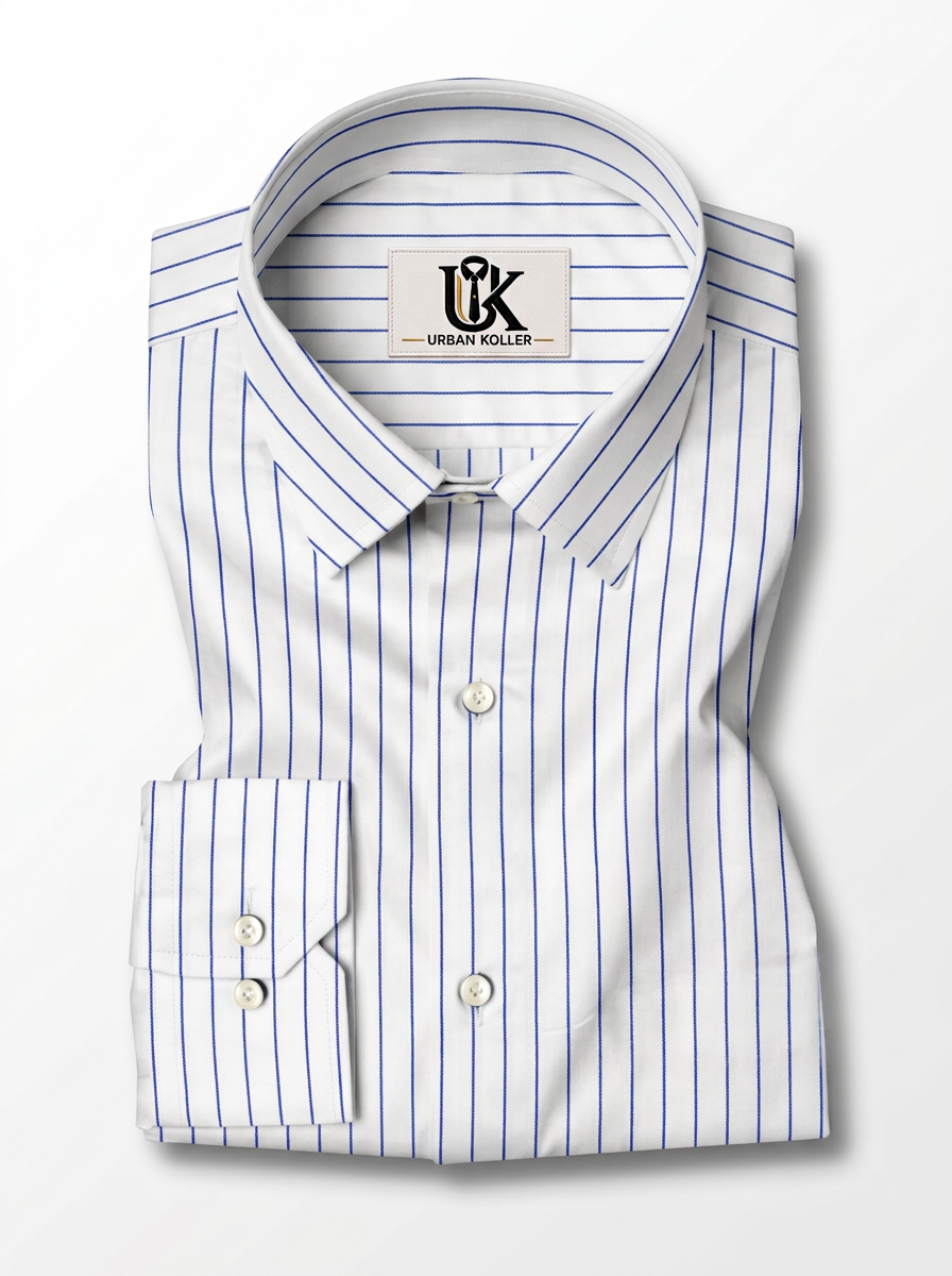 Men's White & Royal Blue Pinstripe Regular Fit Formal Shirt | Full & Half Sleeve Secondary image