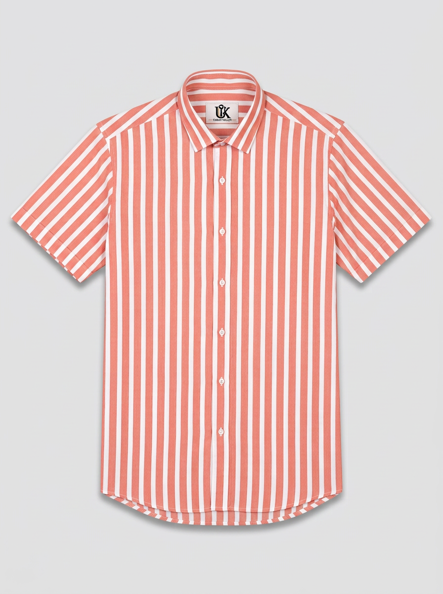 Men's Coral Peach & White Striped Regular Fit Formal Shirt | Full & Half Sleeve