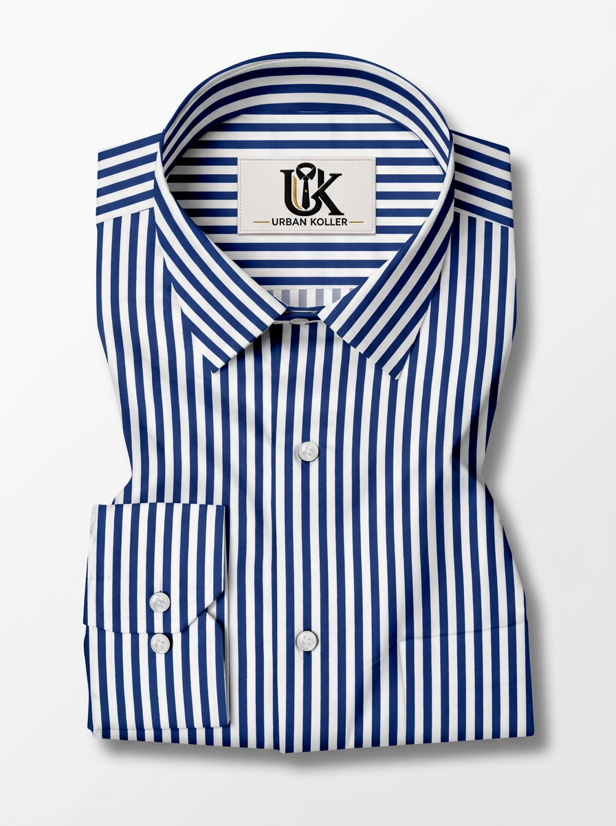 Men’s Royal Blue & White Vertical Stripe Regular Fit Formal Casual Shirt, Full & Half Sleeve