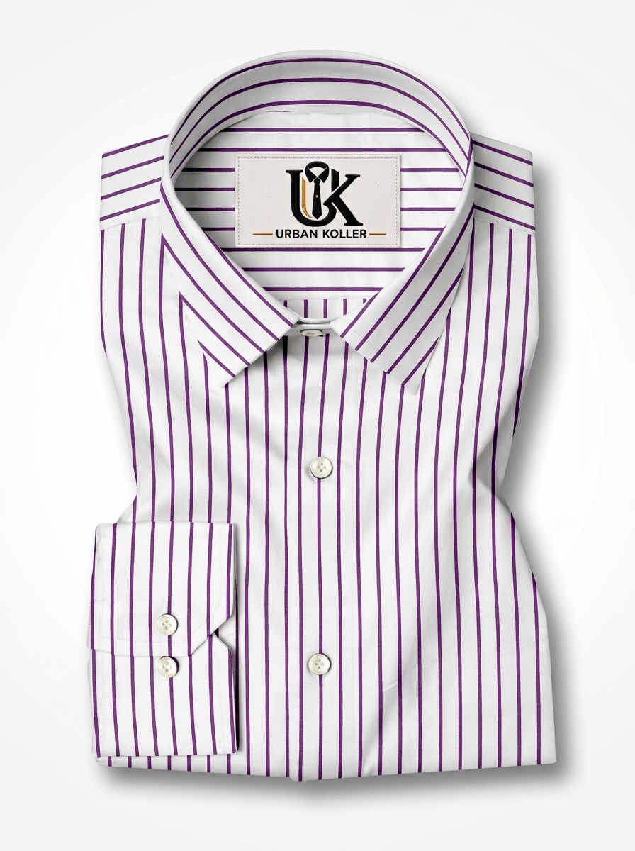 Men's White & Royal Purple Striped Regular Fit Formal Shirt | Full & Half Sleeve