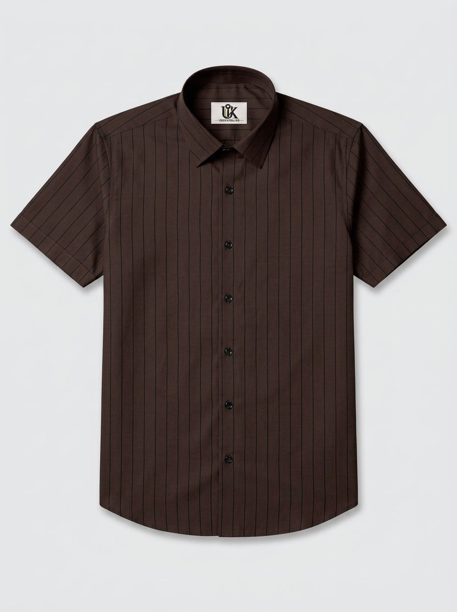 Men's Dark Chocolate Brown Pinstriped Regular Fit Formal Shirt | Full & Half Sleeve