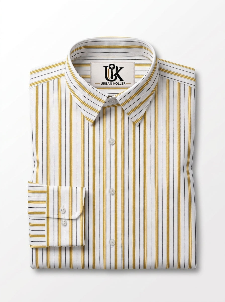 Men's White Gold Pinstripe Regular Fit Formal Shirt | Full & Half Sleeve Main image