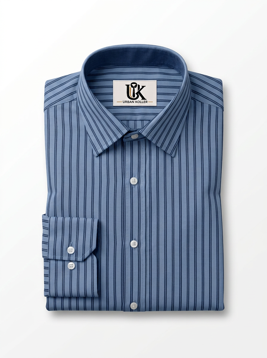 Men's Steel Blue & Navy Vertical Striped Regular Fit Formal Shirt | Full & Half Sleeve