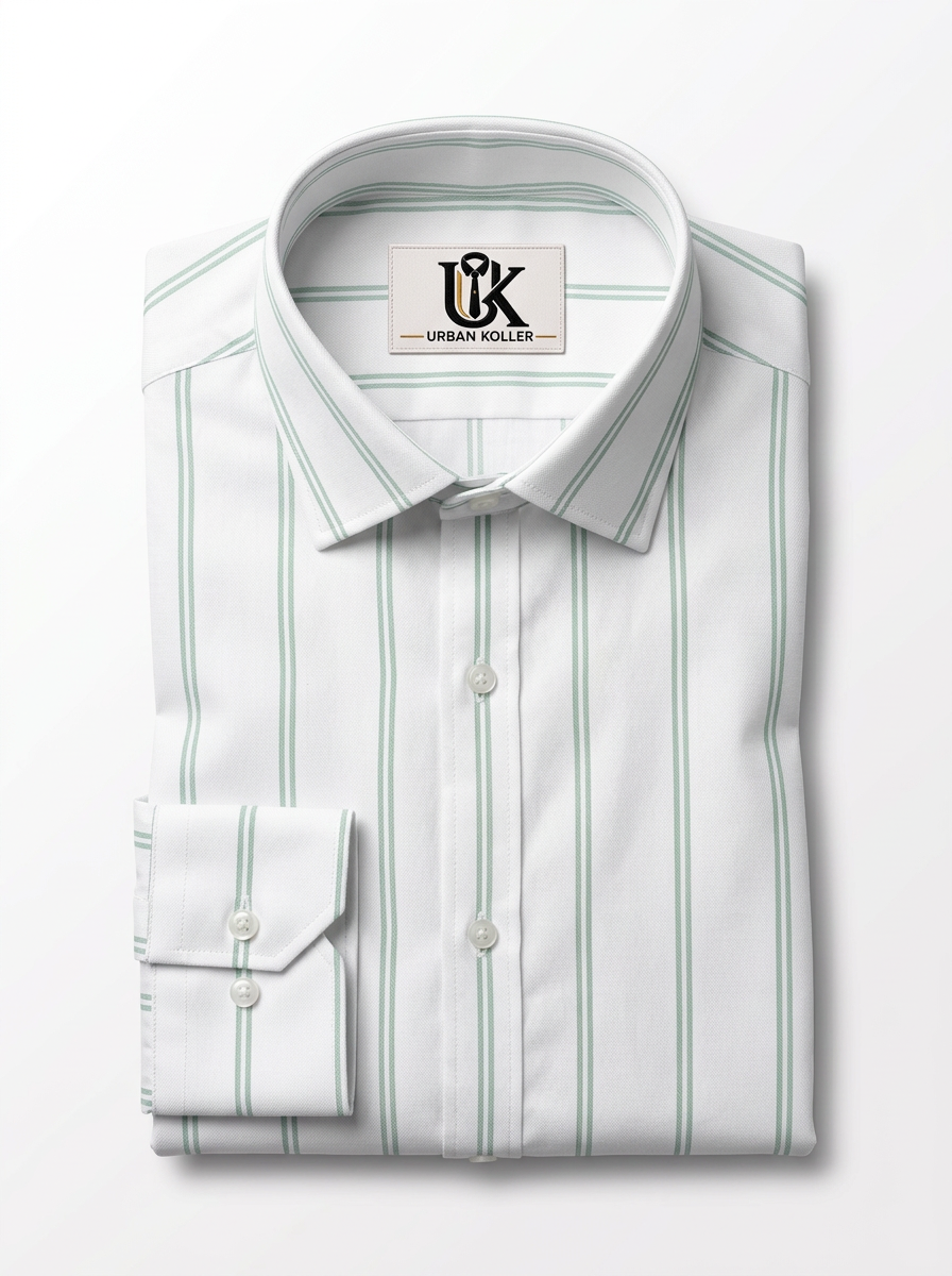 Men's White & Mint Green Striped Regular Fit Formal Shirt | Full & Half Sleeve