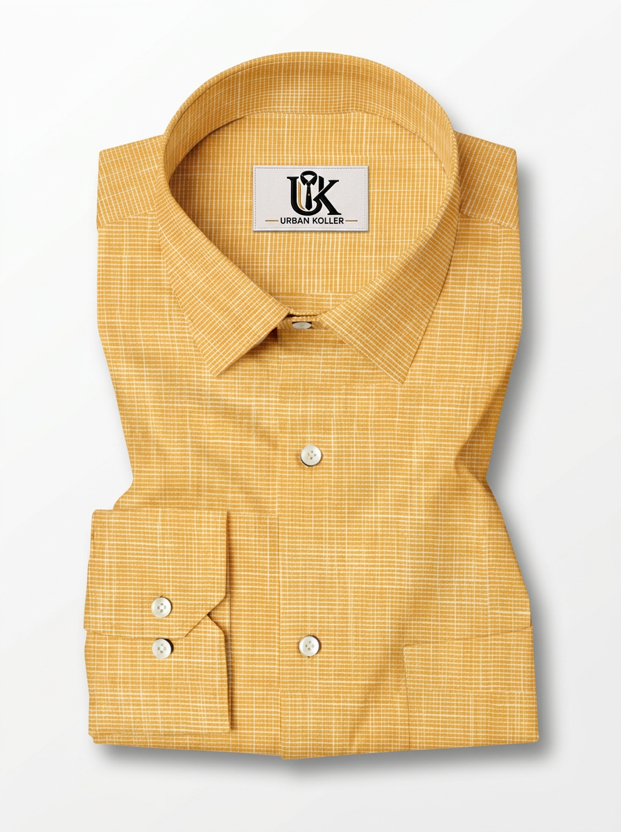 Men’s Mustard Yellow Micro Check Regular Fit Formal Casual Shirt, Full & Half Sleeve Secondary image