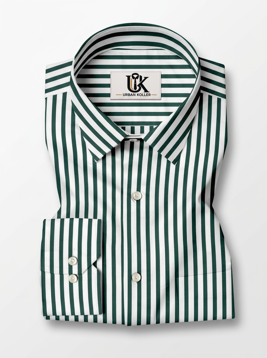 Men's White & Forest Green Striped Regular Fit Formal Shirt | Full & Half Sleeve