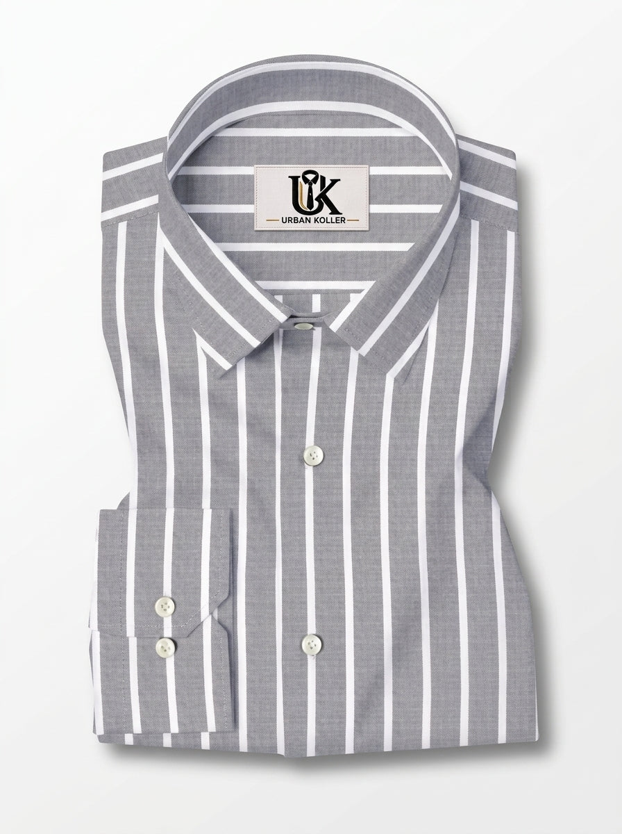 Men's Grey & White Vertical Striped Regular Fit Formal Shirt | Full & Half Sleeve