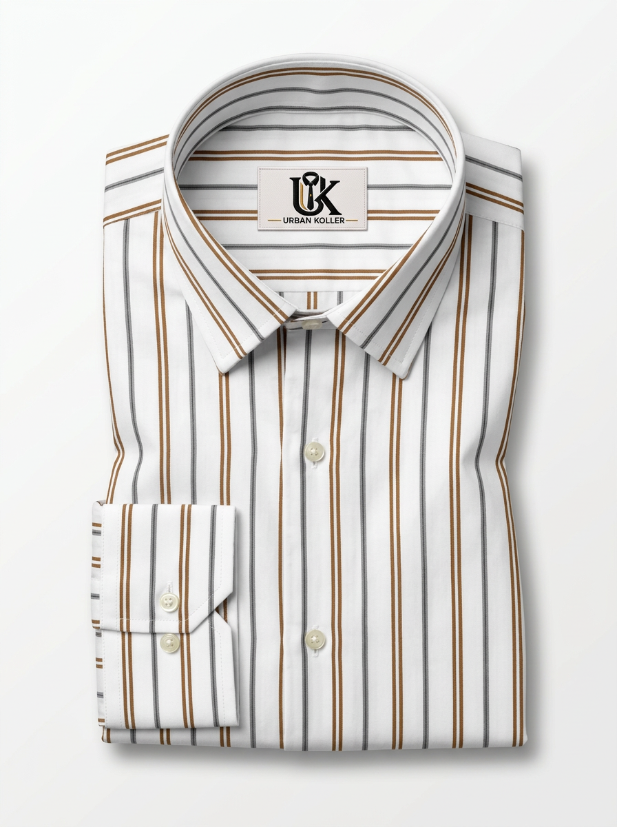 Men's White Brown & Grey Striped Regular Fit Formal Shirt | Full & Half Sleeve