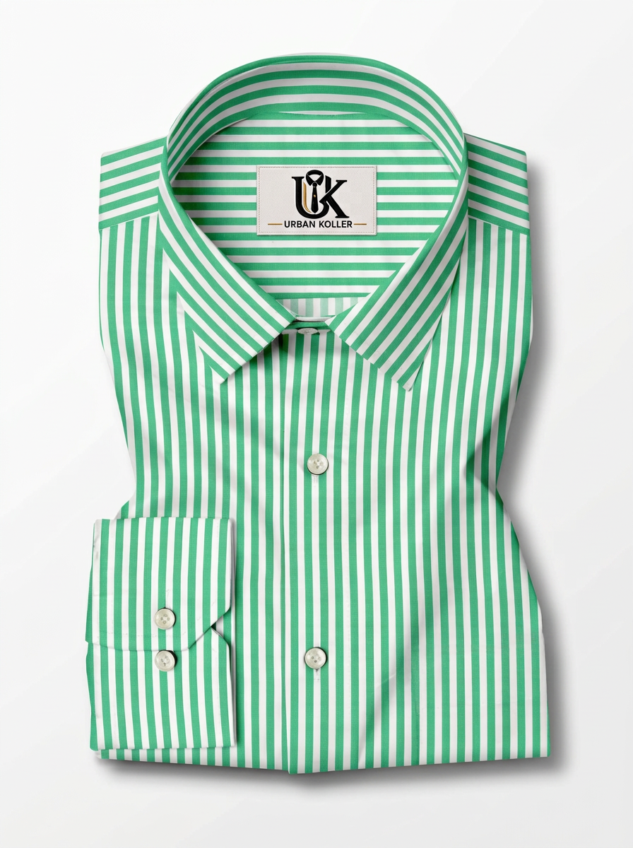 Men's Green & White Vertical Striped Regular Fit Formal Shirt | Full & Half Sleeve