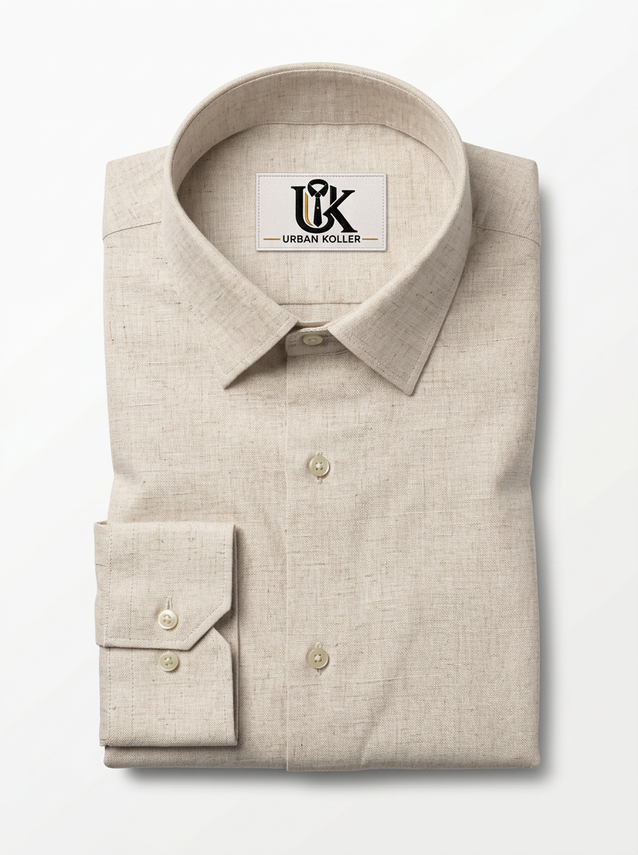 Men’s Natural Oatmeal Beige Textured Regular Fit Formal Casual Shirt, Full & Half Sleeve