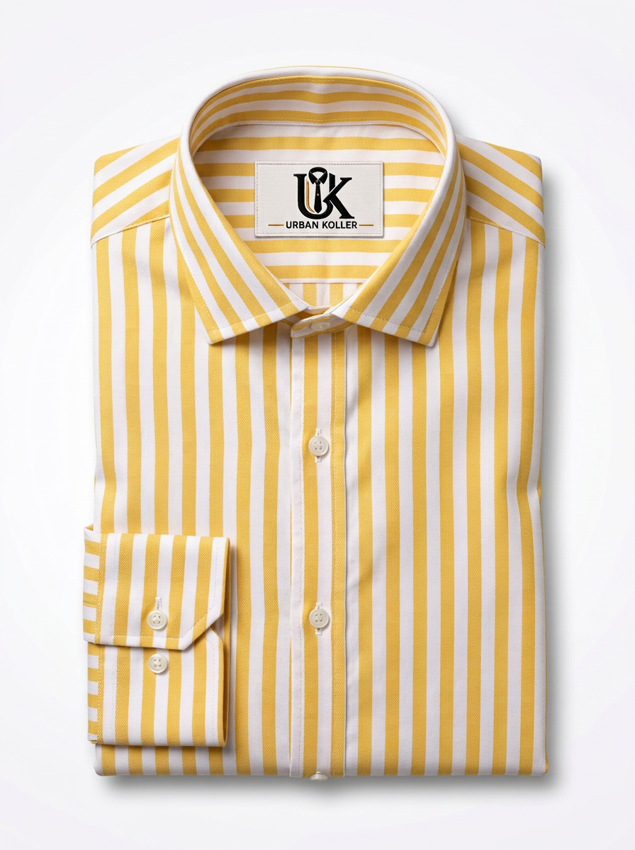 Men's Mustard Yellow & White Striped Regular Fit Formal Shirt | Full & Half Sleeve Secondary image