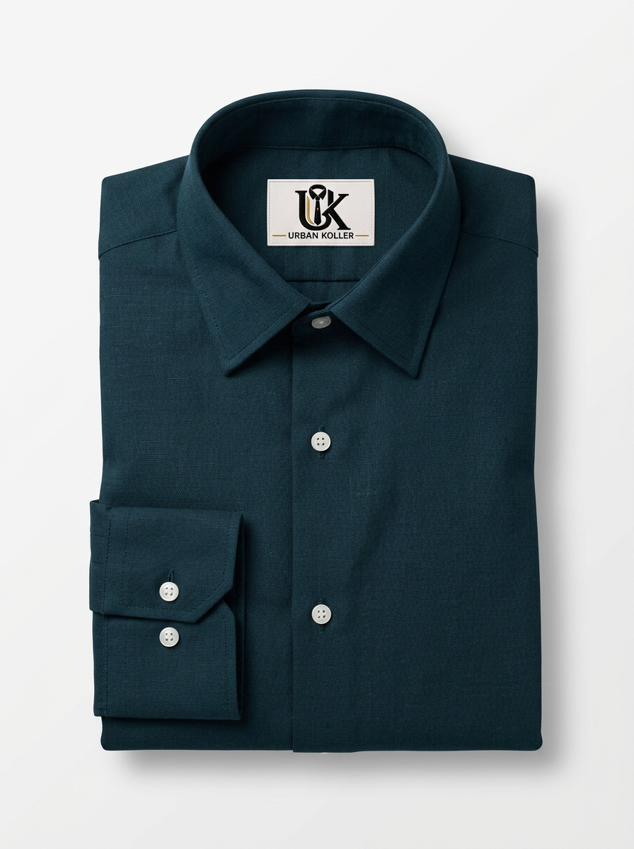 Men’s Deep Teal Blue Textured Regular Fit Formal Casual Shirt, Full & Half Sleeve