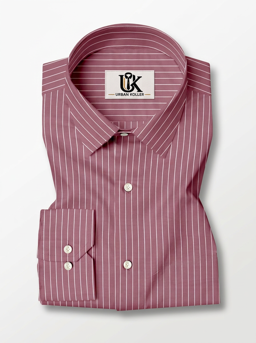 Men's Dusty Rose Pink & White Striped Regular Fit Formal Shirt | Full & Half Sleeve
