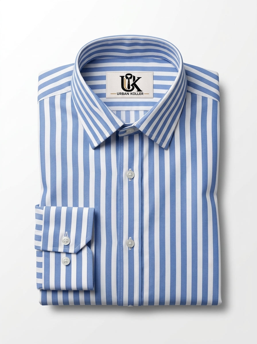 Men's Sky Blue & White Vertical Striped Regular Fit Formal Shirt | Full & Half Sleeve