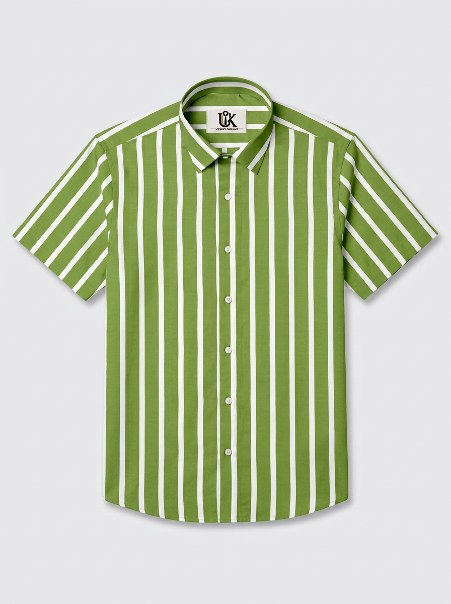 Men's Green & White Vertical Striped Regular Fit Formal Shirt | Full & Half Sleeve