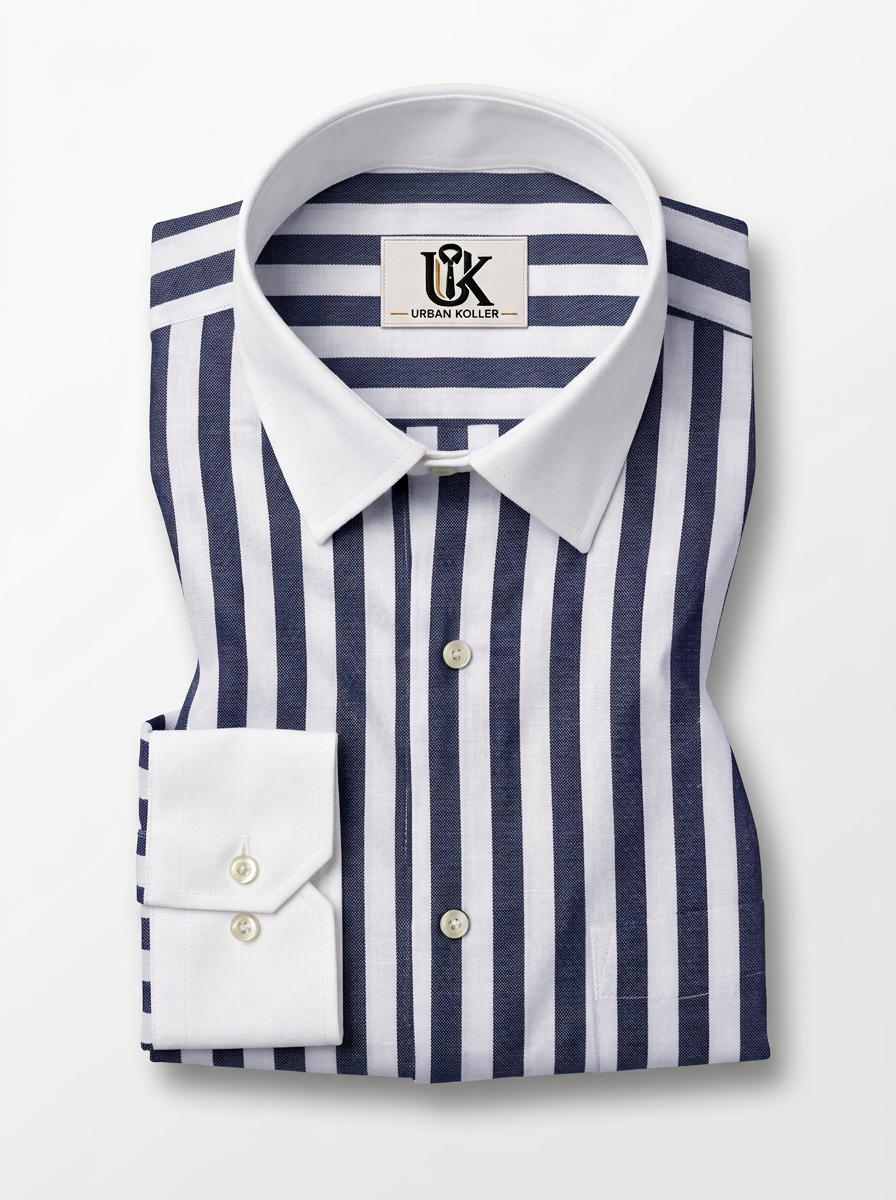 Men's Navy Blue White Bold Stripe Formal Shirt Regular Fit Premium Casual Wear