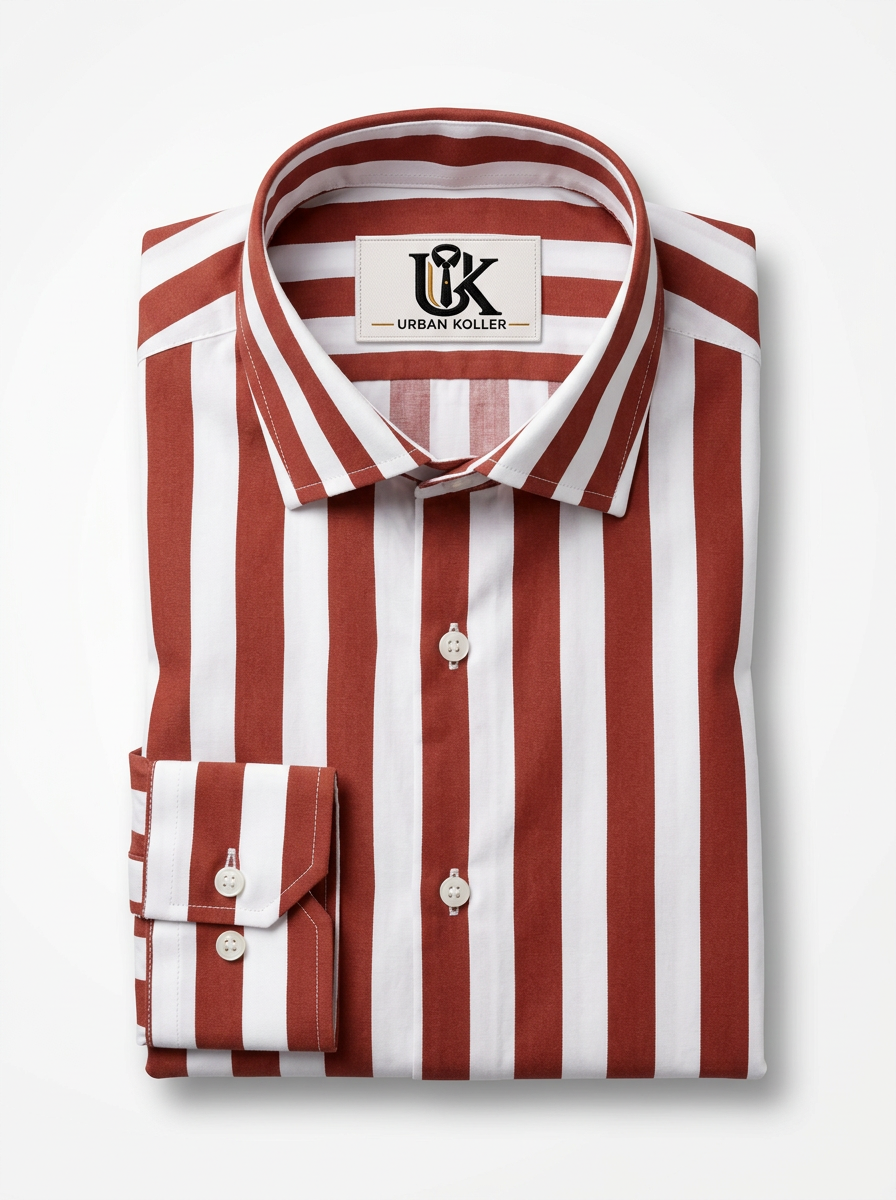 Men's White & Rust Red Striped Regular Fit Formal Shirt | Full & Half Sleeve