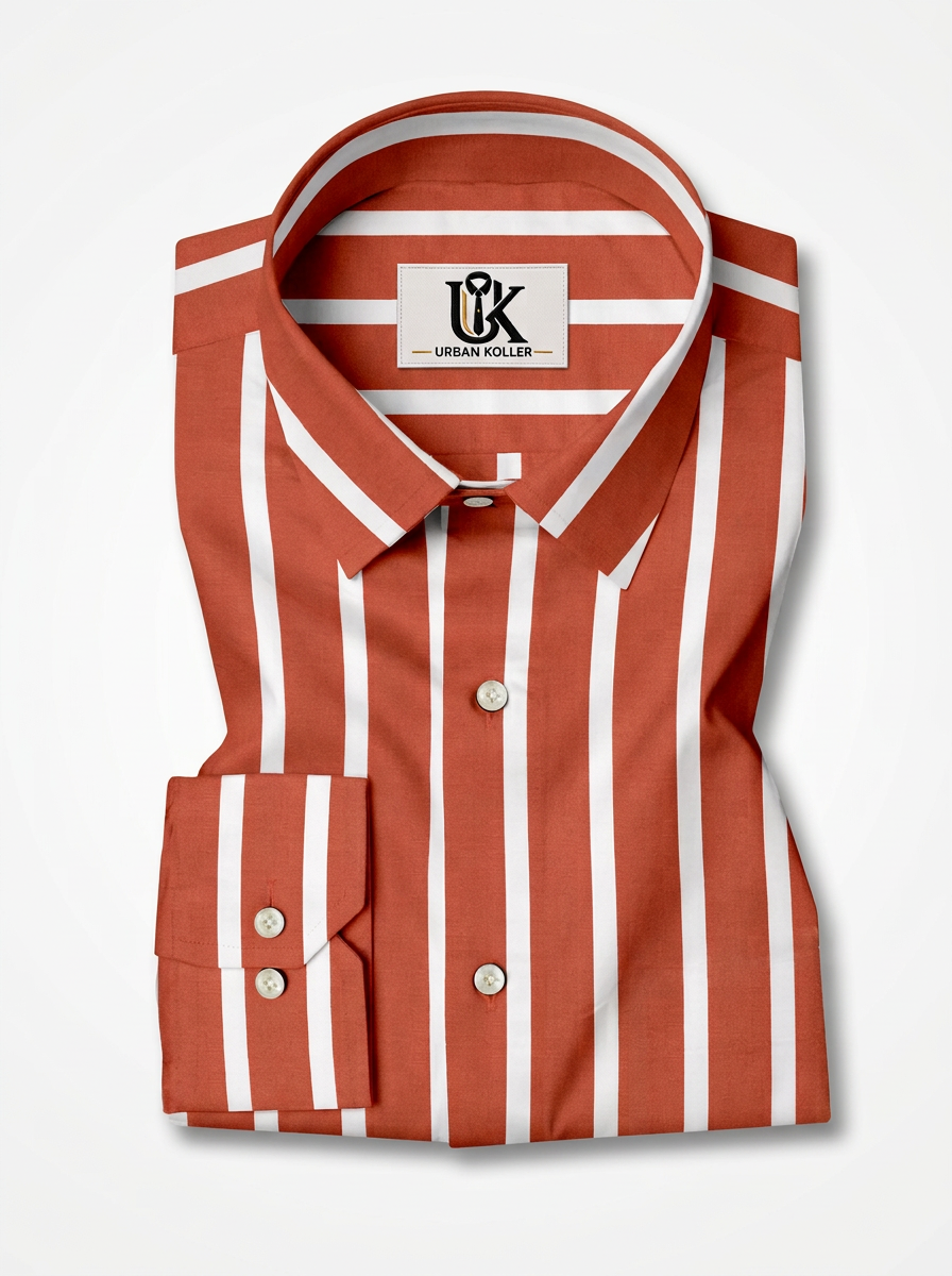 Men's Rust Orange & White Striped Regular Fit Formal Shirt | Full & Half Sleeve Main image