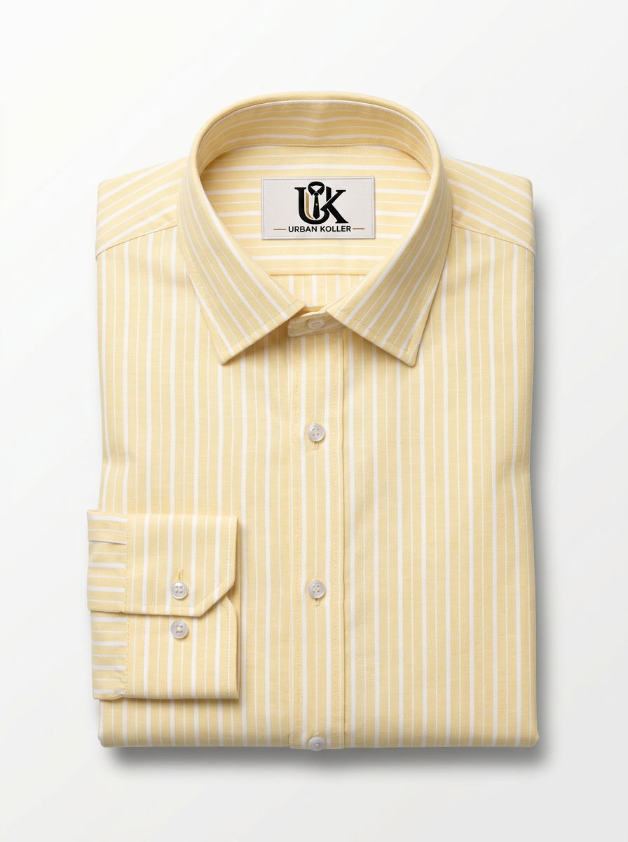 Men’s Butter Yellow & White Pinstripe Regular Fit Formal Shirt | Full & Half Sleeve