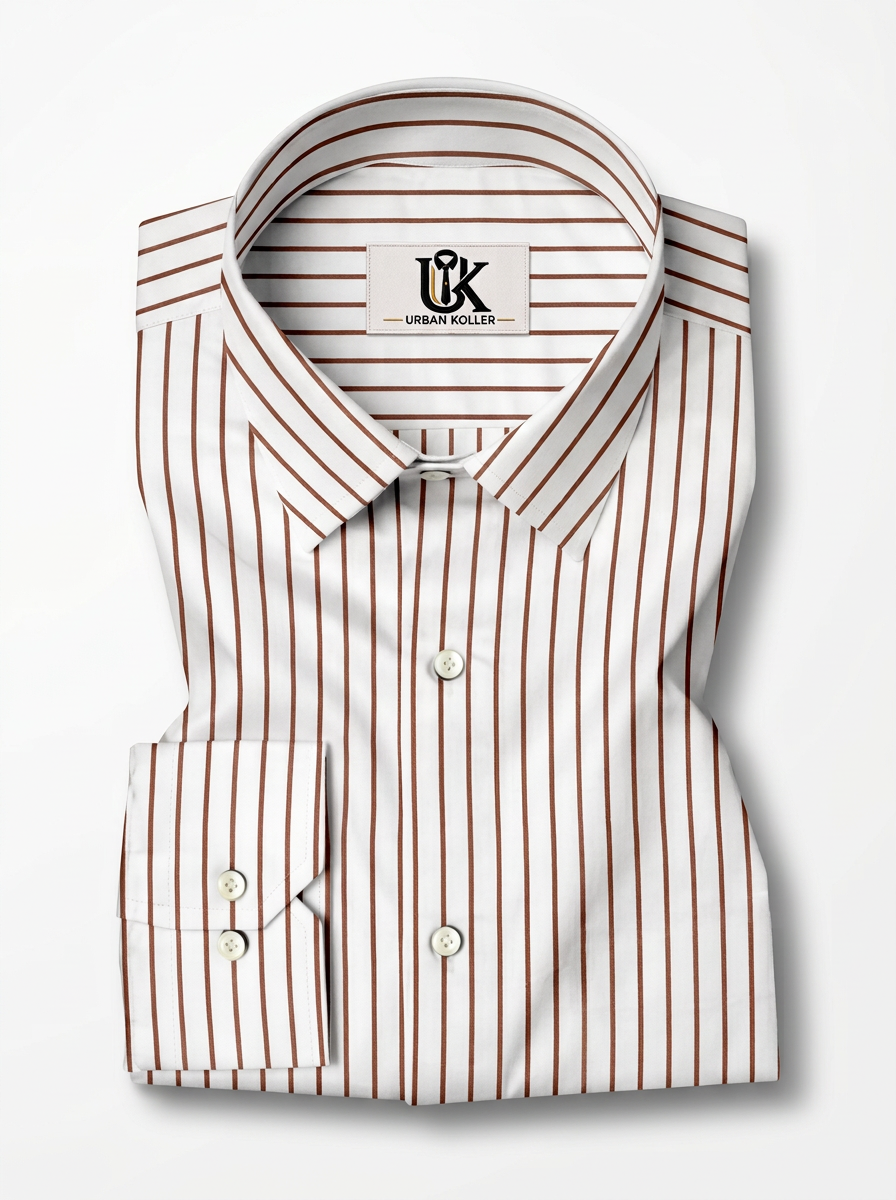 Men’s White & Brown Vertical Stripe Regular Fit Formal Casual Shirt, Full & Half Sleeve