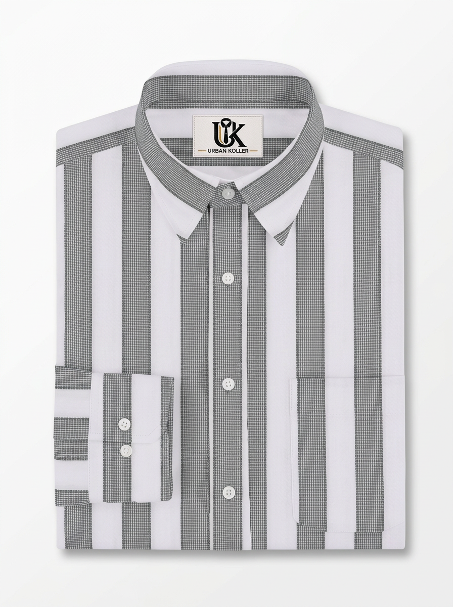 Men's White & Grey Vertical Striped Regular Fit Formal Shirt | Full & Half Sleeve Main image