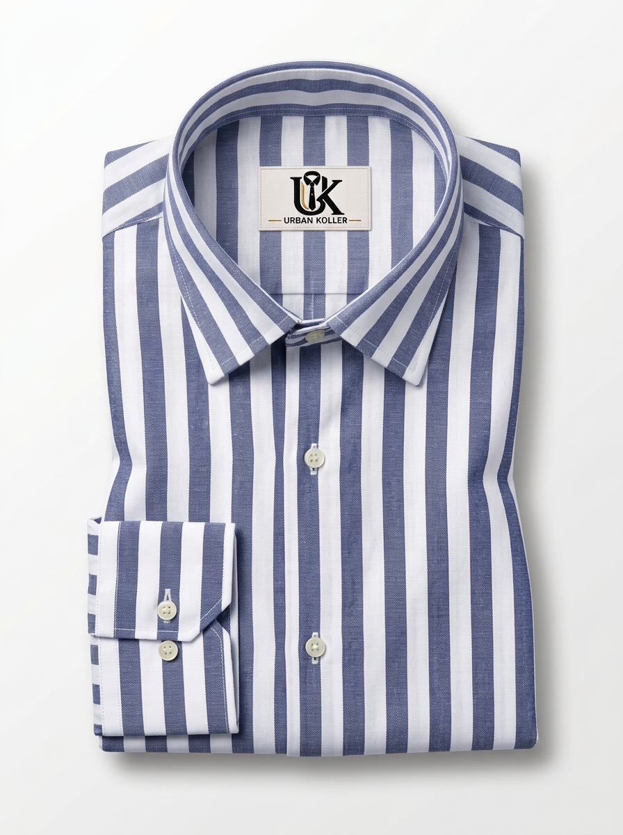 Men's Blue & White Vertical Striped Regular Fit Formal Shirt | Full & Half Sleeve