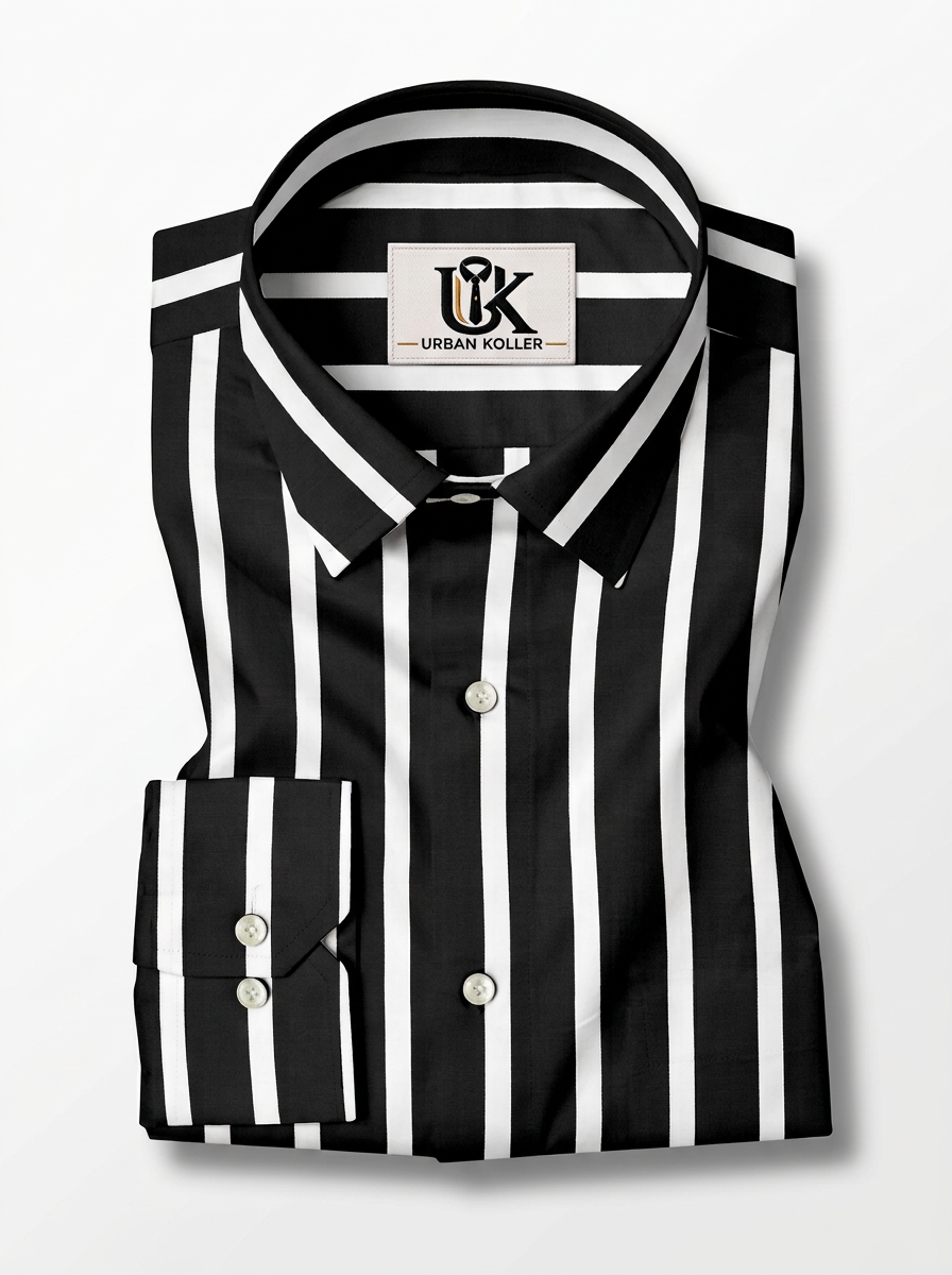 Men's Black & White Striped Regular Fit Formal Shirt | Full & Half Sleeve Main image