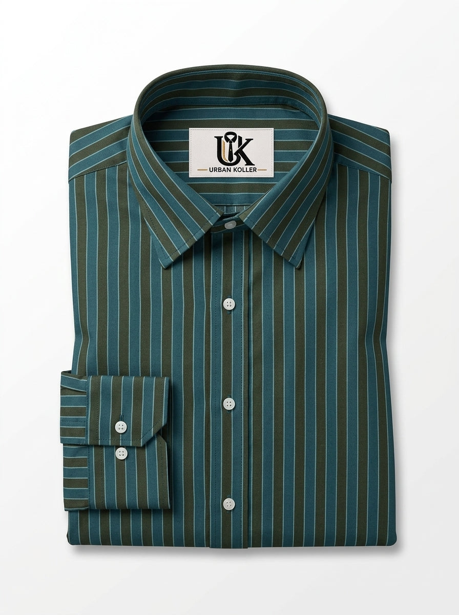 Men's Teal Green & Olive Vertical Striped Regular Fit Formal Shirt | Full & Half Sleeve