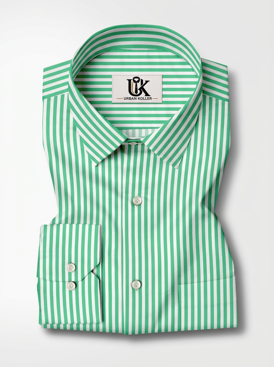 Men's Mint Green & White Vertical Striped Regular Fit Formal Shirt | Full & Half Sleeve