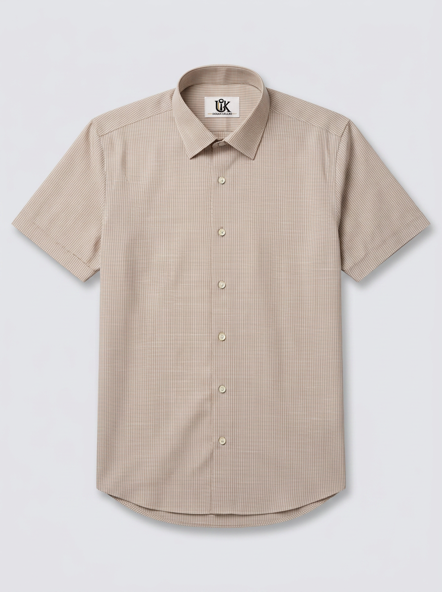 Men’s Light Taupe Beige Micro Check Regular Fit Formal Casual Shirt, Full & Half Sleeve