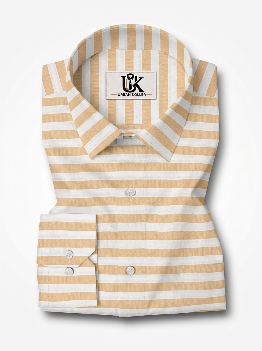 Men's White & Beige Horizontal Striped Regular Fit Formal Shirt | Full & Half Sleeve