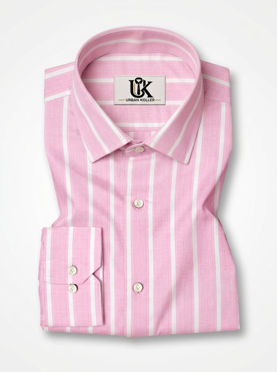 Men’s Pink & White Vertical Striped Regular Fit Formal Casual Shirt, Full & Half Sleeve