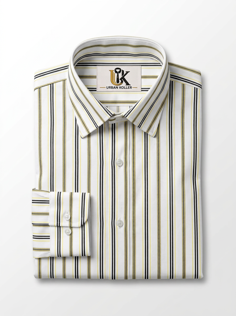 Men's White Gold & Black Stripe Regular Fit Formal Shirt | Full & Half Sleeve Main image