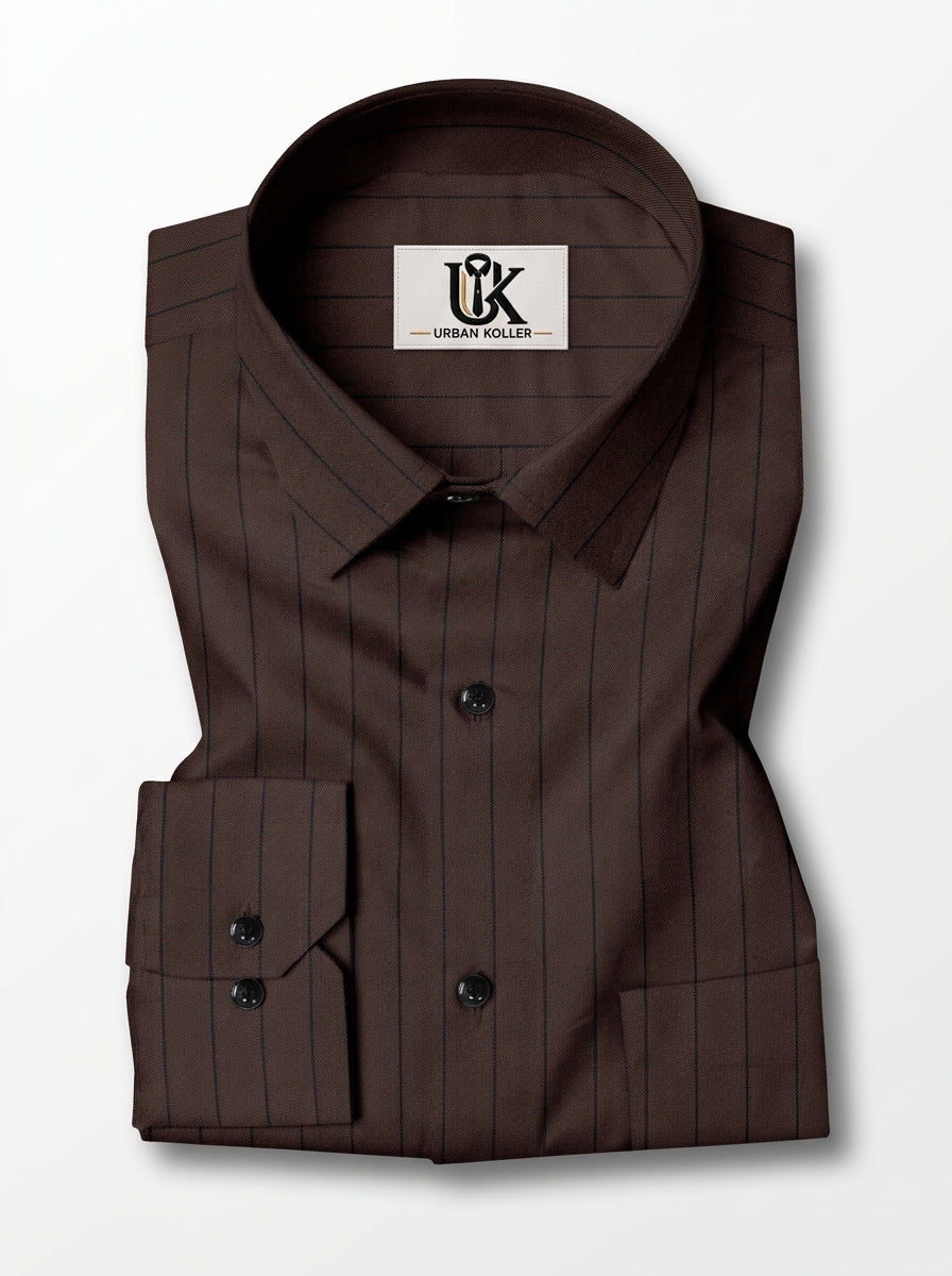 Men's Dark Chocolate Brown Pinstriped Regular Fit Formal Shirt | Full & Half Sleeve Main image